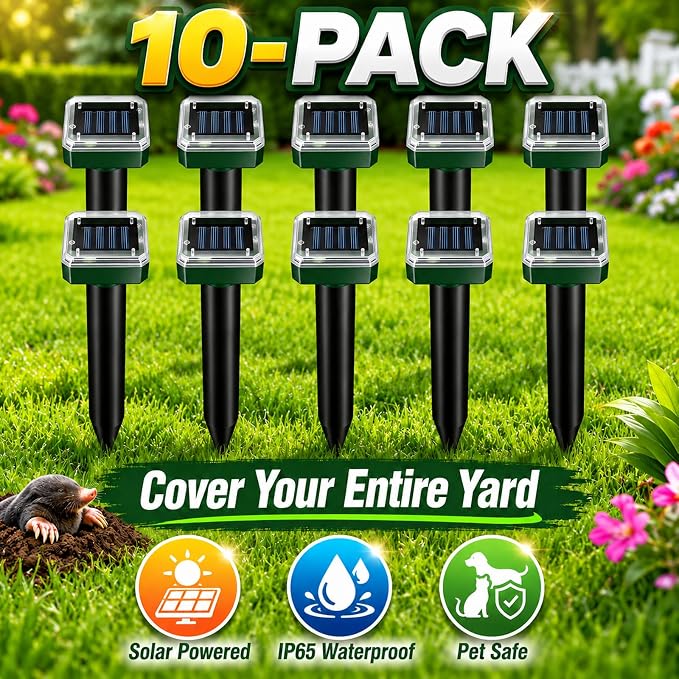 Ultrasonic Solar Mole Repeller – Long-Lasting Outdoor Rodent Deterrent for Yard Flower Beds Garage, Effectively Repels Moles Gophers Voles Shrews-10Pack