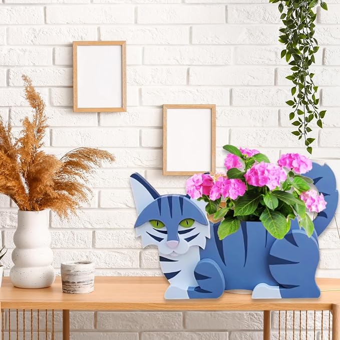 Sapphire White Cat Planter,Cute Cat Flower Pot,Gifts for Pet Lovers,Unique Animal Plant Pots,Office,Indoor Outdoor Garden Decor（12.5 * 5.12 * 7.8in）