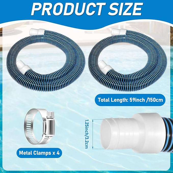 2 Pack 1.25×59in EVA Pool Professional Hoses with 2026 Upgrade Flexible Tube Head and 4 Metal Clamps for Above Ground Pools Pump Replacement Hose Pool Supply for Heavy Duty Hose (Blue)