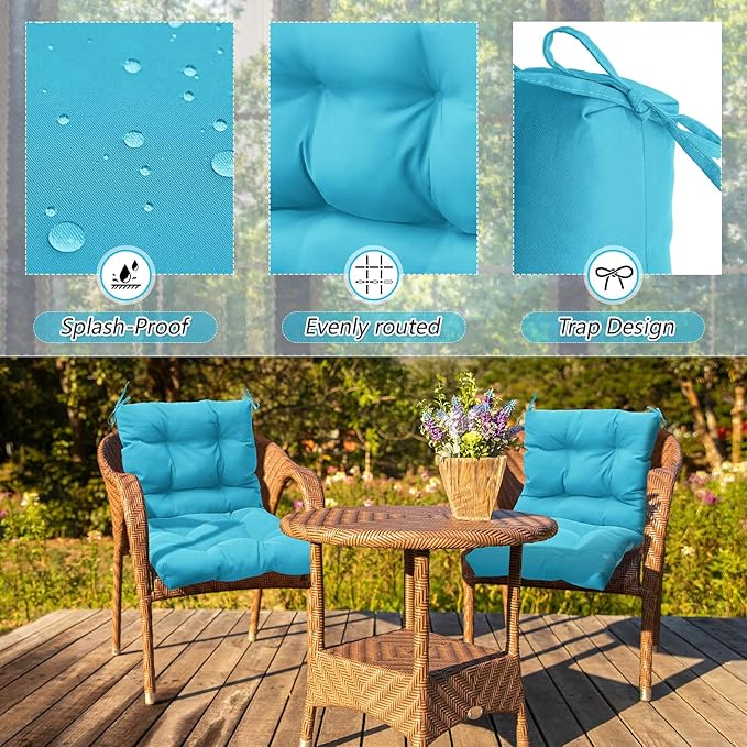 Marsui 4 Pcs Outdoor Indoor High Back Chair Cushions Patio Furniture Tufted Pillow with Ties Water-Resistant Replacement Outdoor Rocking Chair Cushions, 42 x 21 Inches (Lake Blue,Solid Color)