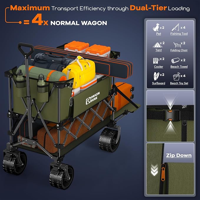 Originsure 400L Double Decker Wagon Collapsible with 54" L Tailgate, 560lbs Heavy Duty Carts Foldable, Extra Large Folding Beach Wagon with Big All-Terrain Wheels for Camping, Sports, Groceries, Green