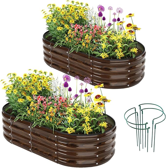 ZFHgarden Galvanized Metal Raised Garden Bed Kit for Gardening Outdoor Planter Grow Garden Box Raised Flower Bed Galvanized Planter Outdoor Brown 2PC