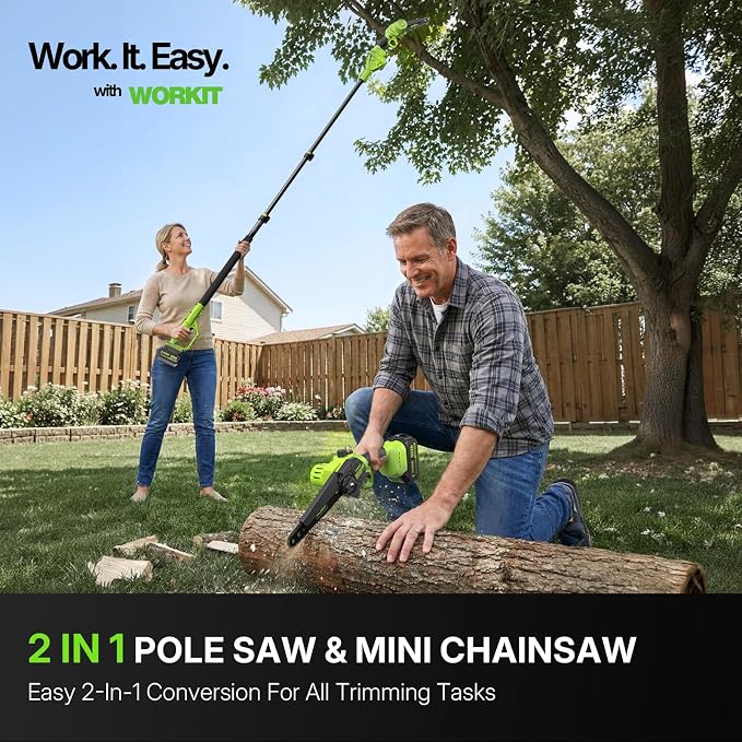 WORKIT 2-In-1 Electric Pole Saws for Tree Trimming, 6 Inch Mini Chainsaw Cordless with 2×4.0Ah Batteries, 14Ft Tree Trimmer Pole Saw, Electric Chainsaw with Auto Oiler, Tool-Free Tension