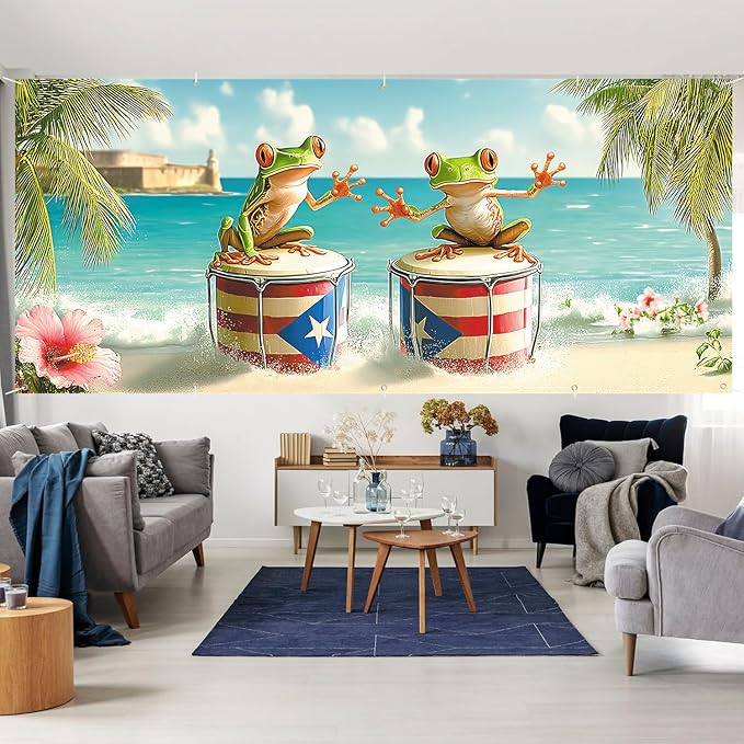 7 * 16FT Summer Puerto Rico Garage Door Cover Decorations Sunset Palm Trees Garage Door Banner for Outdoor Indoor Summer Party Photography Backdrop