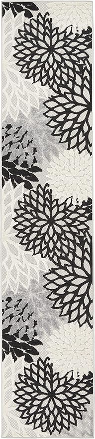Nourison Home Aloha Indoor/Outdoor Black White 2'3" x 12' Area Rug, Tropical, Botanical, Easy Cleaning, Non Shedding, Bed Room, Living Room, Dining Room, Deck, Backyard, Patio (2x12)