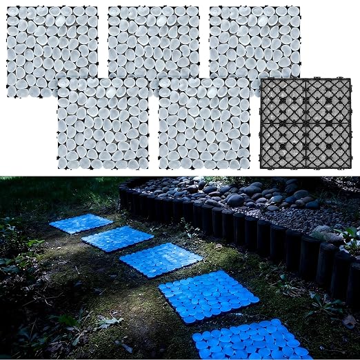 6 Pcs 11.8 Inch Glow in The Dark Stepping Stones for Garden Walkway Square Garden Pebble Floor Tiles Luminous Resin Pavers Stones in Blue Landscaping Rocks for Lawn Backyard Decor