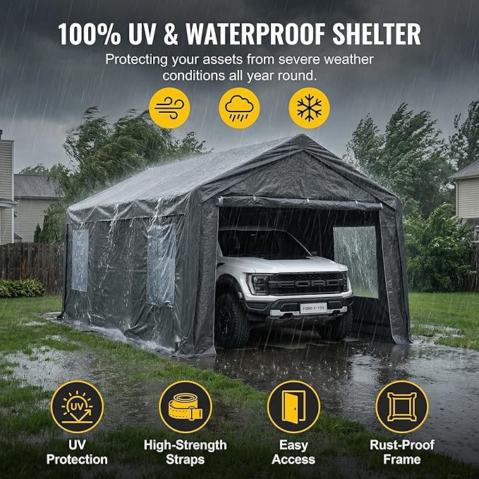 HOTEAGLE Storage Shed, 3/4 inch Thick Support Rods & Bolted Frame (Not Socket), Rolled Up Doors and Ventilation Window, Carports Car Tent 10X20 Ft