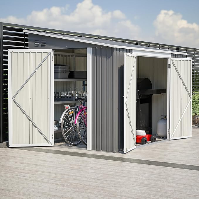 YOPTO 8x6 FT Lean to Outdoor Storage Shed W/Adjustable Lockable Double Side Doors,Metal Shed W/Floor Frame & 2 Air Vents,Garden Tool House W/Updated Frame Structure,for Backyard Patio Lawn,Gray