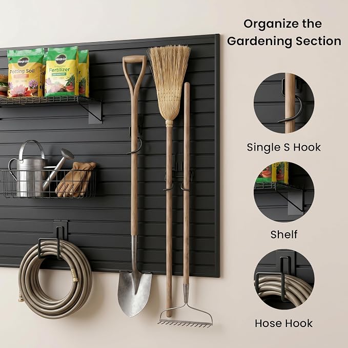 Smartstandard 31PCS Slatwall Accessories, Includes 2PCS Single S Hook, 2PCS Double S Hook, 2PCS Wall Baskets, 2PCS Hose Hook, 1PC Shelf and 22PCS Multi Shapes(J/U/Straight) Hooks, Accessory for Garden