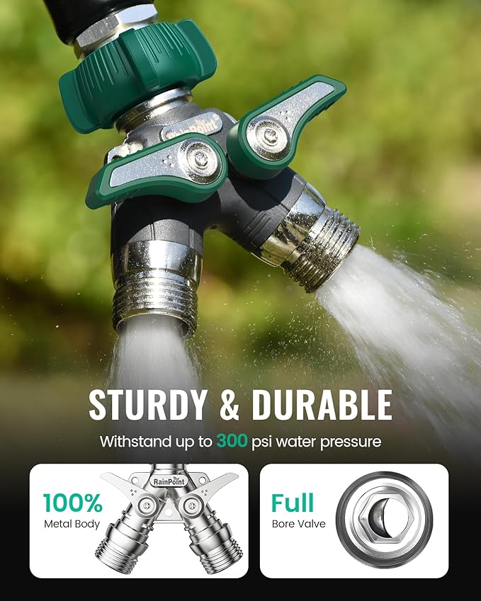 RAINPOINT Garden Hose Splitter 2 Way Heavy Duty, 3/4'' Connector Water Hose Bib Y Spigot Splitter with Shut-Off Valve, 100% Metal Body Outdoor Water Faucet Adapter Fittings (2 Pack)