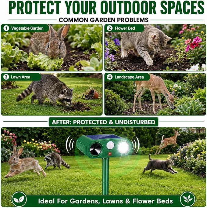 2 Pack Solar Animal Repellent Ultrasonic Outdoor for Cats Squirrels Racoons Rabbits Foxs Dogs Skunks,Sonic Fortress Pro Deer Repellent Devices Flashing Light Motion Sensor Animal Deterrent for Garden