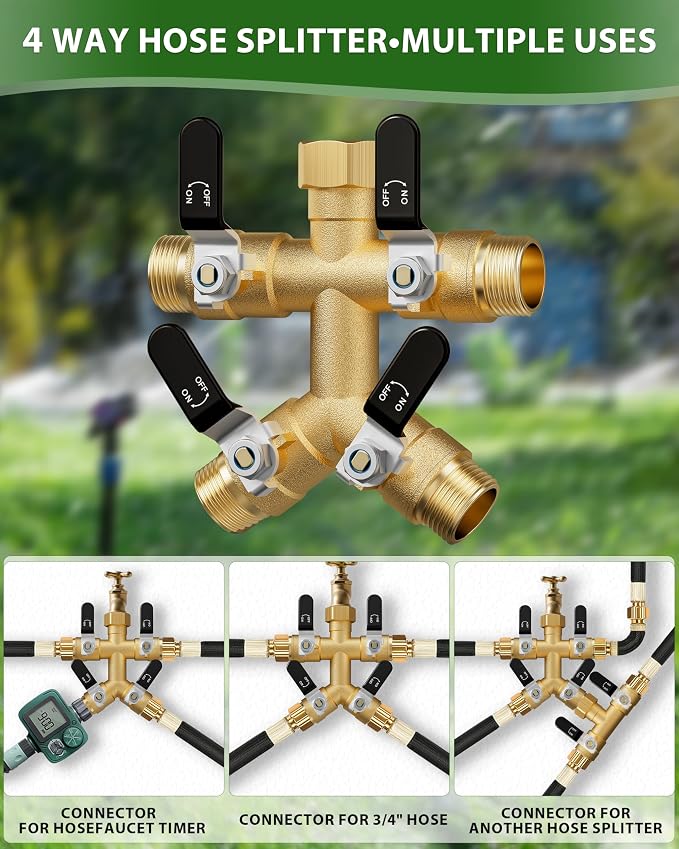 4 Way Hose Splitter, Heavy Duty Brass Garden Hose Splitter, Water Hose Bib Spigot Splitter with 0.59" Full Flow Ball Valve Outlet & Shut-Off Valve 3/4'' Connector Outdoor Water Faucet Adapter