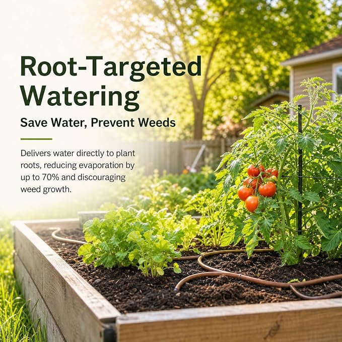 1/4" Drip Irrigation Tubing 100ft with 6" Emitter Spacing for Garden System | Pre-Installed Emitters at Close Intervals Save Setup Time, Even Distribution for Flower Beds, Works with Most Drip Systems