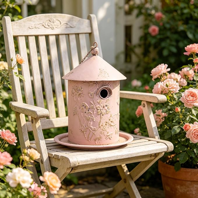 Vintage Pink Metal Bird House Feeder, Distressed Floral Embossed Hanging Birdhouse with Tray, Rustic Farmhouse Decorative Bird Nest Box for Outdoor Garden, Patio, Yard