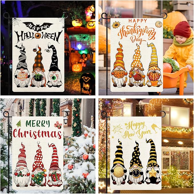Gnomes Seasonal Garden Flags Set of 12, All Seasons and Holidays, Burlap, 12x18 inch, Double Sided, Fade Resistant, Outdoor Decor