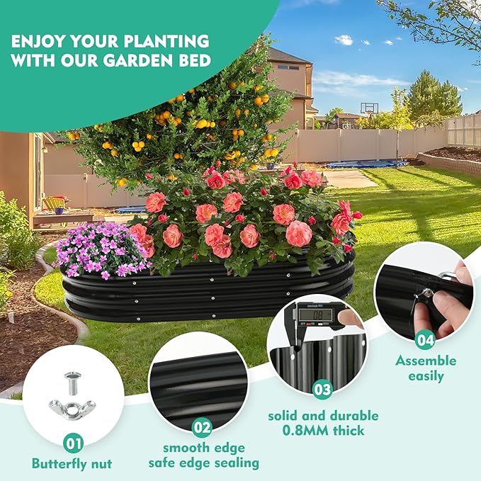 YSEJOMP 6X3X1 FT Oval Galvanized Metal Garden Raised Bed/Plant Box for Planting,36 Inches Diameter Iron Fire Pit Ring,Small Animal Fence-3 in 1 Modular Design in Black (Black, 72X36X11.5 Inches)