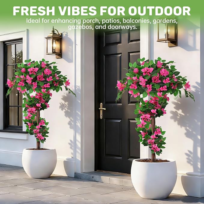 2Pack 4FT Artificial Bougainvillea Topiary Trees for Outdoor, Fake Silk Flowers Plants Bushes with Ground Spike, Faux UV Resistant Shurbs Trees for Outside,Front Porch,Patio,Balcony Decor