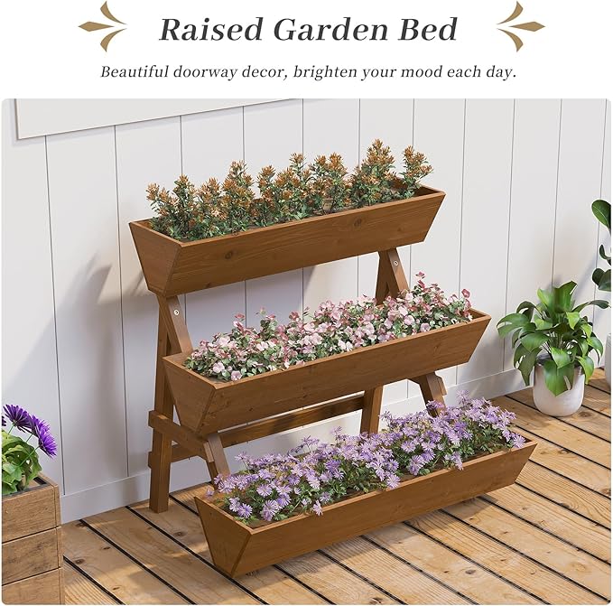Kitsanery 3-Tiers Wooden Raised Garden Bed,Wood Planter Box for Vegetable,Flower Rack,Flower Pot Stands,Indoor Outdoor Gardening Planting Beds (Brown, Large)