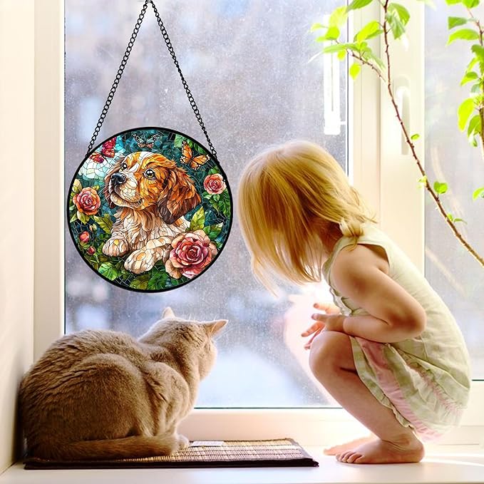 DASTOLL Stained Glass Window Hanging, Dog and Rose Suncatcher for Doors Home Butterfly Sun Catchers Decoration and Christmas, Mother's Day Birthday Gifts for Women, Men, and Mom 11.8x11.8 in