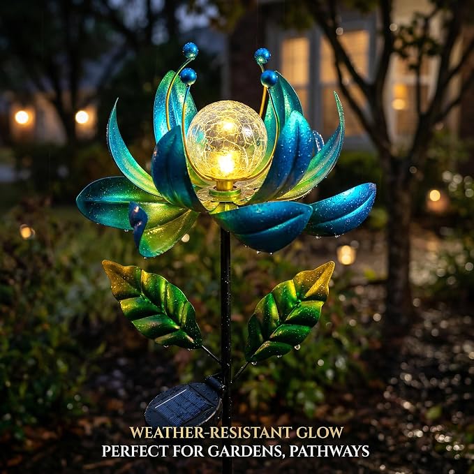 Solar Wind Spinners Outdoor Metal Kinetic Lotus Flower, Pinwheels for Yard and Garden Decor with Warm Crackle Glass Globe, 360° Spinning Yard Art Sculpture