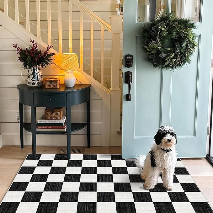 Black and White Checkered Entry Rug - 3x5 Ft Non-Slip Washable Indoor Outdoor Front Door Mat Porch Rug Geometric Throw Carpet for Living Room Bedroom Entryway Kitchen Office Porch Decor