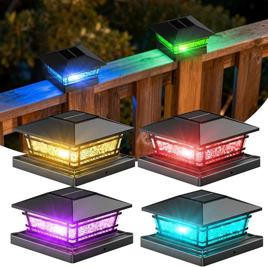 Solar Post Cap Lights Outdoor with 8 RGB Solid Colors & Color Changing,Fence Post Solar Lights for Porch Patio Yard, Waterproof Deck Post Solar Lights for 4x4 5x5 6x6 Vinyl/Wooden Posts, Black
