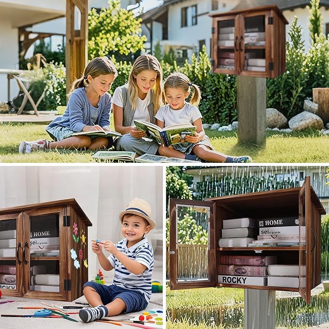 WONFUlity Library Box Outdoor,Free Library Box Little Outdoor Book Storage,Wood Cabinet for DIY Neighborhood Community School Sharing Books, Literature, Newspapers, Food, Art (brown, 22x20x18.5)