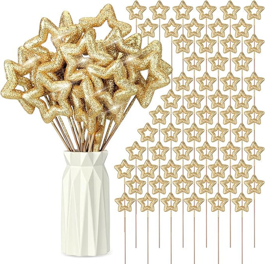 BrightRow 60 Pcs Golden Star Picks for Table Decorations Centerpieces 9.8" Glitter Sparkly Foam Stems Sticks for Floral Arrangements Graduation Baby Shower Party Wedding Supplies(Hollow Star)