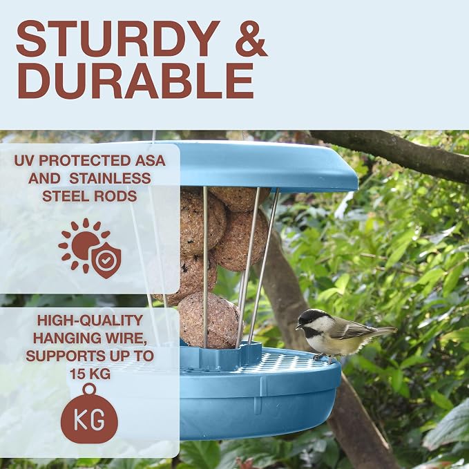 SWISSINNO Bird Feeders - No Mess Fat Ball/Suet Feeder for Outdoors Hanging - Smart Birds Lucerne Spill Proof Wild Cardinal Bird Feeder with Integrated Seed Catcher Tray - Light Blue