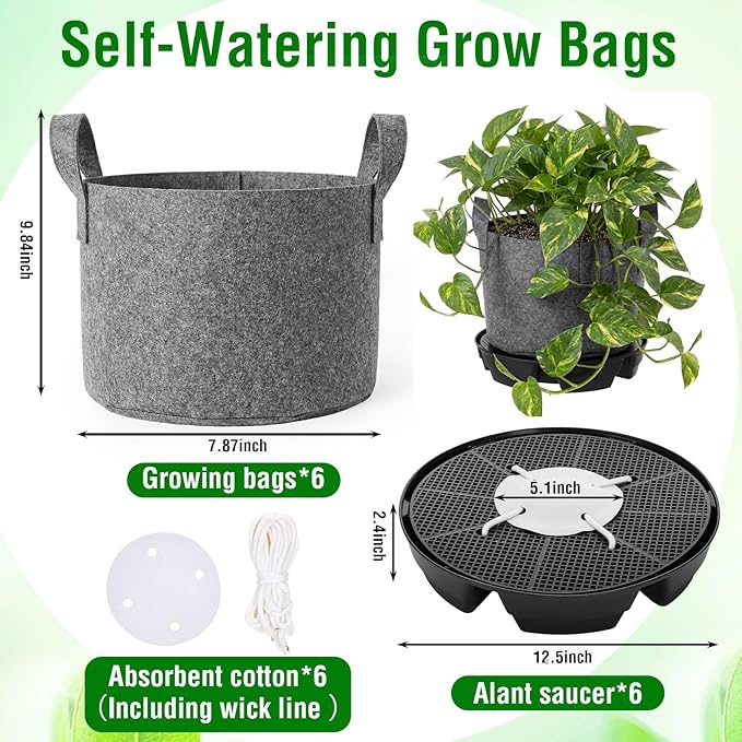 Jingmore 6 Set Self Watering Fabric Pot Base 3 Gallon Plant Nonwoven Grow Bags Automatic Watering System Plant Saucer Elevated Flower Trays with Handles for Fruits Vegetables Flowers Grow(Grey)