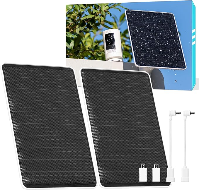 5V 8W Solar Panel for Security Camera, for Bird Feeder, 4G AOV Trail Cam, Ring Tapo Eufy Vicohome Eseecloud, Native USB-C, Micro-USB & DC 3.5mm*1.35mm, 23% Conversion, 9.8 Ft, 260 Days Care Plan