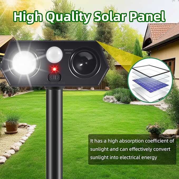 4Pack Solar Ultrasonic Animal Repellent Outdoor, Deer Deterrent Devices with Motion Sensor, Cat Repellent with LED Flash Lights to Scare Squirrel Rabbit Raccoon Skunk Dog for Yard