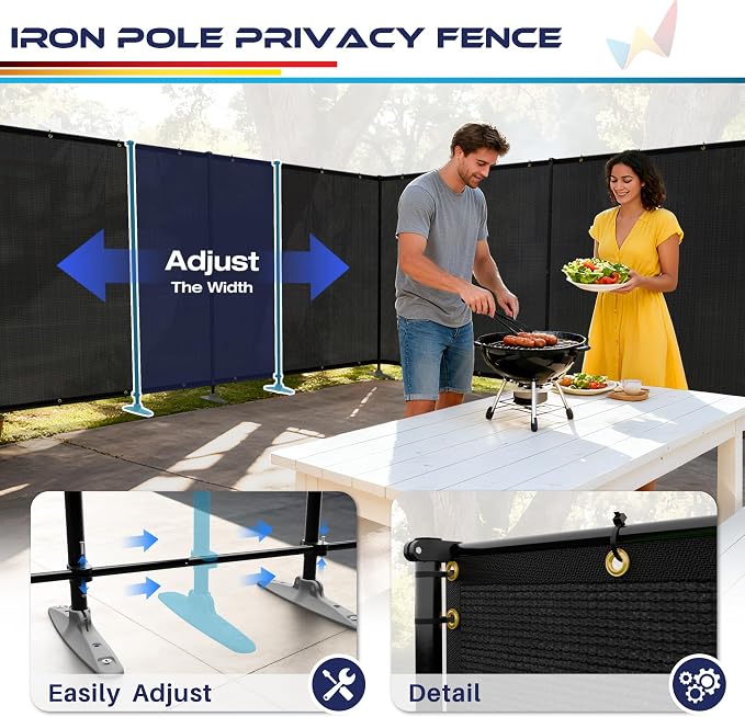 Windscreen4less Outdoor Privacy Fence Screen, 6'x109' Freestanding Privacy Fencing Set with Iron Poles and Ground Spikes, UV Resistant Mesh Cover Garden Pet Fencing for Backyard Patio Pool, Black
