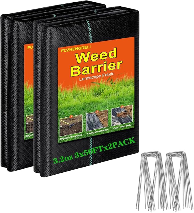 Weed Barrier Fabric 3ft x 50ft (2 Pack), 3.2oz Heavy Duty Landscape Fabric with 20 U-Shaped Stakes, Commercial Grade Weed Control for Garden, Lawn, Flower Bed