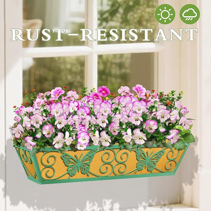 4 Pack 24 Inch Window Boxes Planters Railing Planter Box with Adjustable Brackets for Porch Fence Patio Balcony Hanging Flower Baskets with Woven Fabric for Outdoor Garden Decor - Green