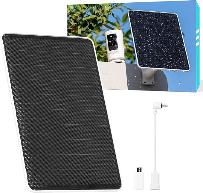 5V 8W Solar Panel for Security Camera, for Bird Feeder, 4G AOV Trail Cam, Ring Tapo Eufy Vicohome Eseecloud, Native USB-C, Micro-USB & DC 3.5mm*1.35mm, 23% Conversion, 9.8 Ft, 260 Days Care Plan