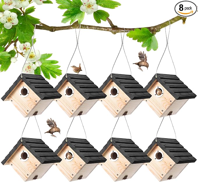 Dreyoo 8 Pack Wren House, 1-1/8'' Entrance Hole Hanging Wooden Wren Bird Houses for Outside with Metal Guard, Air Vents, Pine Wood for Chickadees (Black,Wood Color)
