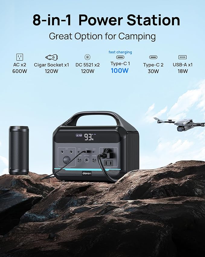 DARAN Portable Power Station 600W(1200W Surge) - 288Wh Solar Generator LiFePO4 Battery with AC DC Outlets, 8.3LB Portable Charging Station for Camping, RV, Home, Emergency (Solar Optional)