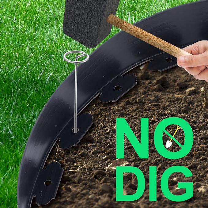 4 in Tall Landscape Edging, 120 ft Garden Border with 120 Metal Spikes, Flexible Plastic for Lawns - Black, No-Dig Design