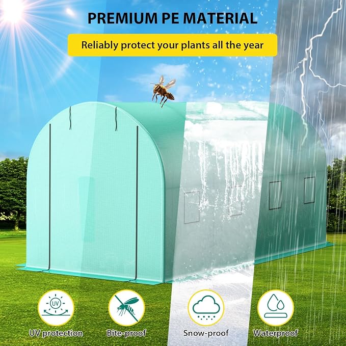 GarveeLife 8*13*7 ft Portable Walking in Tunnel Tent, Walk-in Greenhouse with Bottom widening Design, Galvanized Pipe, Full-Opening Roller Zippered Door & 6 Screen Windows, Greenhouses for Outdoors