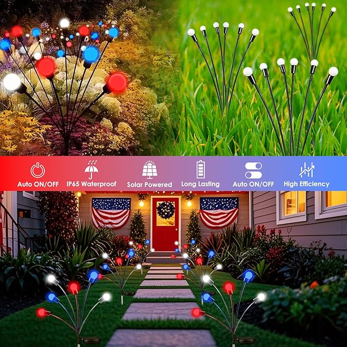 OZS 4pack Solar American Flag Lights - 4th of July Solar Garden Outdoor Waterproof Firefly Light for Memory Day, Independence Day, National Day Decoration (Red White Blue)