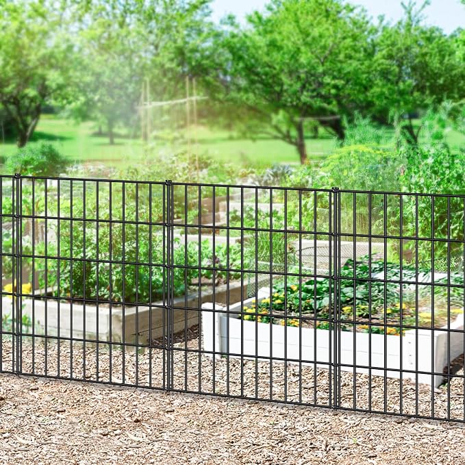 FOREHOGAR Metal Garden Fence 33.3in (H) x 23.3ft (L), 10 Panels + 11 Stakes Dog Fence Border Fence Animal Barrier, No Dig Garden Fencing for Yard Flower Bed Lawn Patio Outdoor, PIN332810 Black
