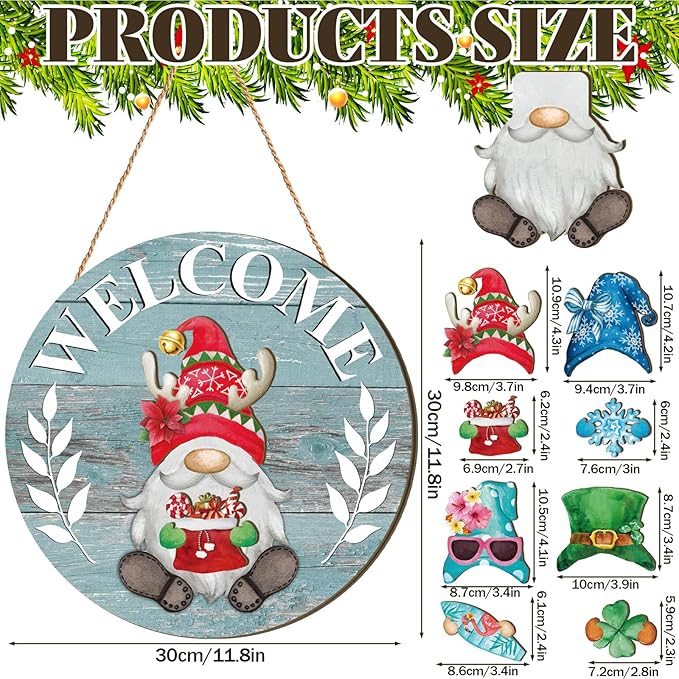 Qunclay Interchangeable Wooden Gnome Decor Holiday Seasonal Gnome Decorations with Magnet Pieces and Detachable Hats Changeable Welcome Sign for Home(Blue)
