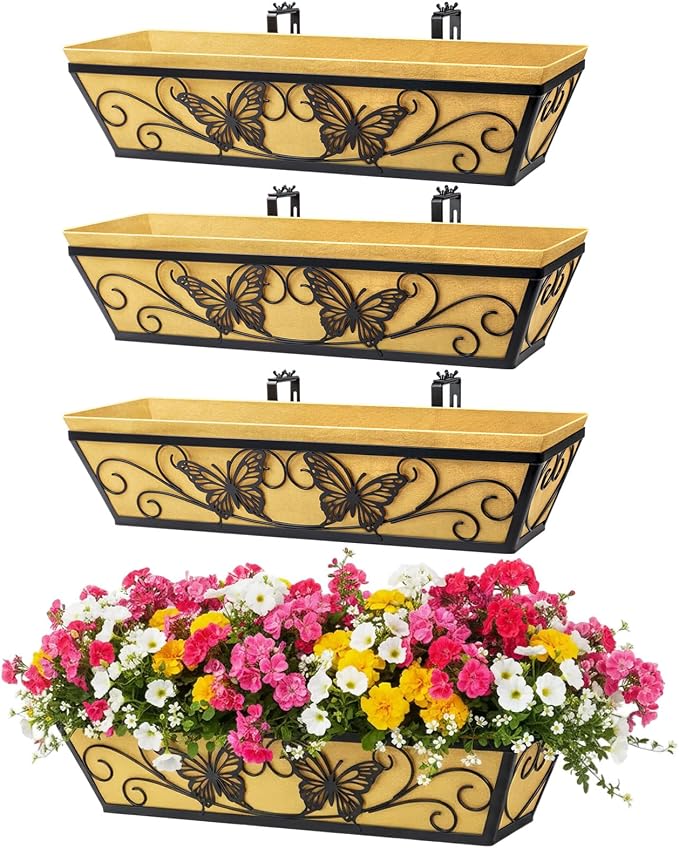 4 Pack 24 Inch Railing Planter Boxes Window Box Planters with Liner | Adjustable Bracket, Heavy Duty Hanging Basket, Metal Butterfly Decor, Retain Moisture Fabric Liner, Matte Classic Black