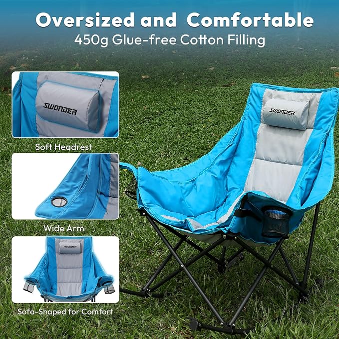 Swonder Oversized Rocking Camping Chair with Innovative 2-in-1 Removable Seat Cushion for All Seasons, Fully Padded Folding Outdoor Chair with Headrest and Carry Bag