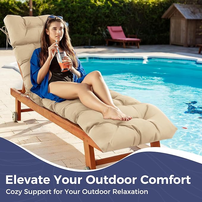 Outdoor Chaise Lounge Cushions 75.1x22.8x4.7 Inch, Waterproof Lounge Chair Cushions for Pool, Patio, Deck, Lawn, Fade Resistant Lounge Cushions for Outdoor Furniture with Ties, Beige