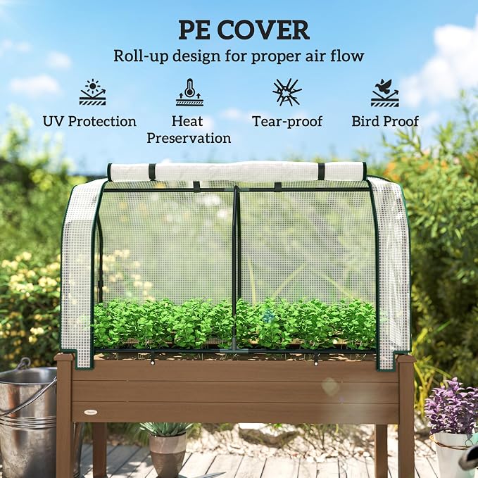 Outsunny Raised Garden Bed with PE Greenhouse Cover Outdoor Elevated Wood Planter Box for Herbs and Vegetables, Use for Patio, Backyard, Balcony, 48 x 22 x 46 inch, Brown