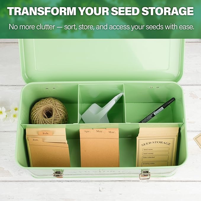 Seed Storage Box Organiser – Green Garden Seeds Tin with Lid, Side Handles, 4 Compartments & Safety Lock – Seed Packet Container for Gardeners – Gardening Gift Idea with Over 200 Accessories