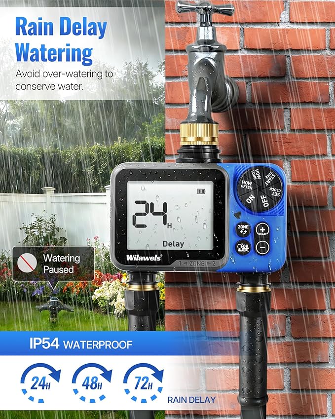 Brass Water Timer for Garden Hose, 2 Zone Sprinkler Timer, Automatic Irrigation System/Rain Delay/Manual Watering, Programmable Watering for Lawn, Yard, Drip Irrigation C92WT06