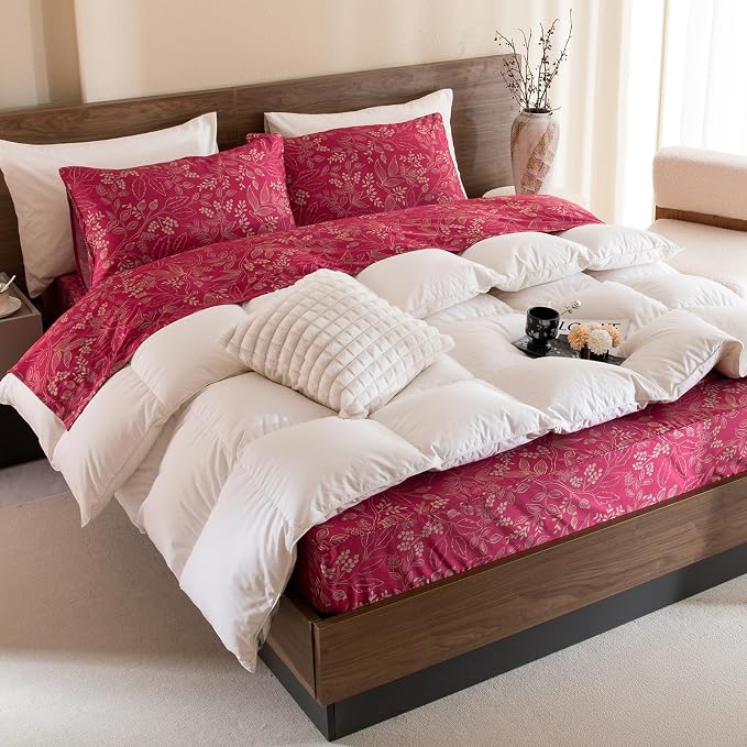 QSH Floral Queen Size Sheet Sets - 100% Egyptian Cotton Sheets Elegant Red Flower Pattern Botanical Printed Bedding Sheets Queen Size Bed Extra Soft and Breathable 4pcs Deep Pockets Bed Sheets